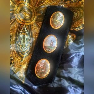 Vintage bone china and black velvet wall decor with rural landscapes